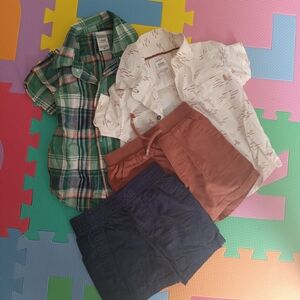 Kids Matching Set - Green Plaid and White Shirts with Shorts